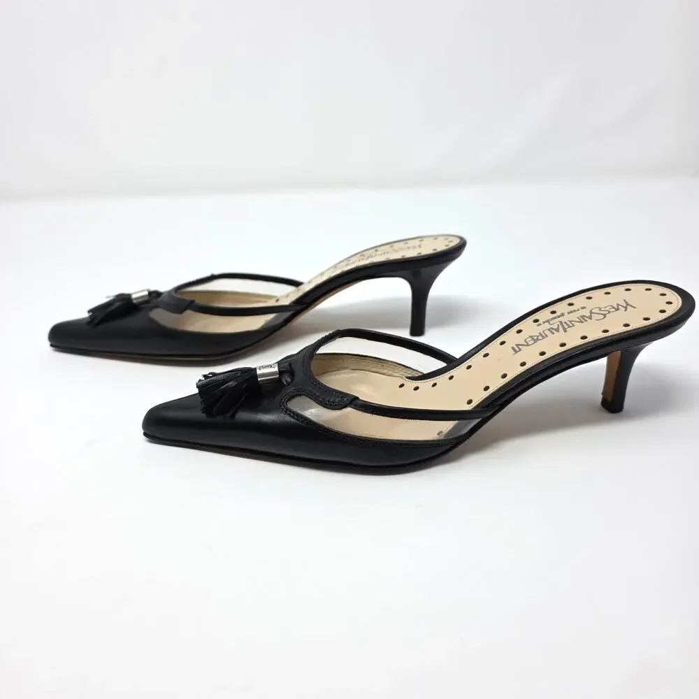 Yves Saint Laurent Vintage Kitten Heel Mules Pointed Toe Black Leather 36.5 6.5